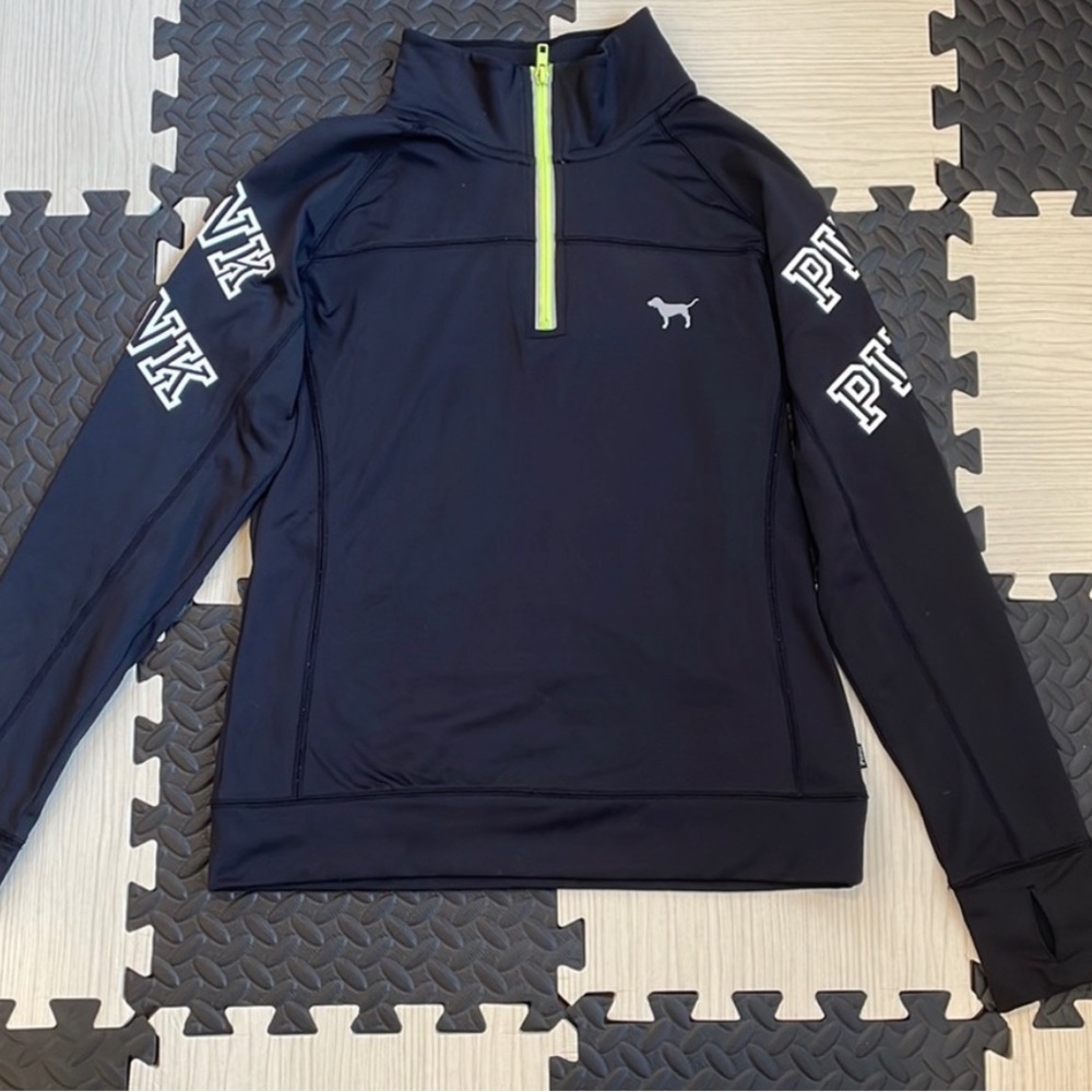 Victoria's Secret PINK Quarter Zip Pullover Sweatshirt Black Thumb Holes